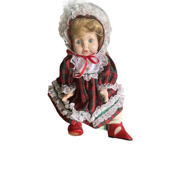 Vtg SCOTTISH Baby Doll Plaid Tartan Dress Porcelain Head Hands Legs - Picture 1 of 10